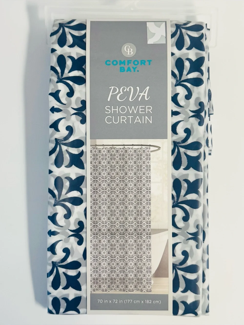 Comfort Bay Peva Shower Curtain Damask Printed Navy Blue 70x72 NWT